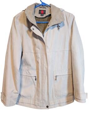 Gallery Womens PS Lined Jacket Coat Beige Hooded Zip Snap Drawstring Pockets